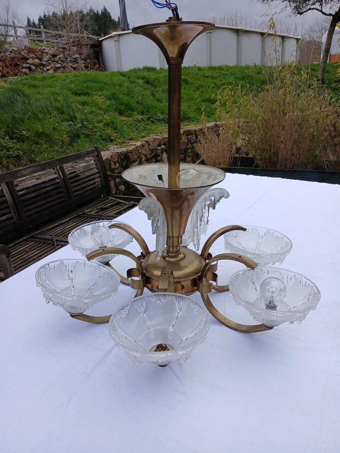 Antique Art Deco brass and glass chandelier