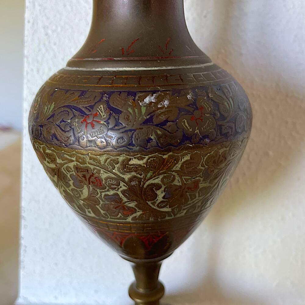 Pair vintage Oriental etched brass vases