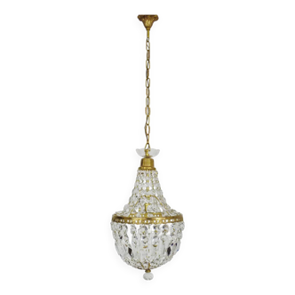 Ancien lustre montgolfière, pampilles en verre. Années 50 60