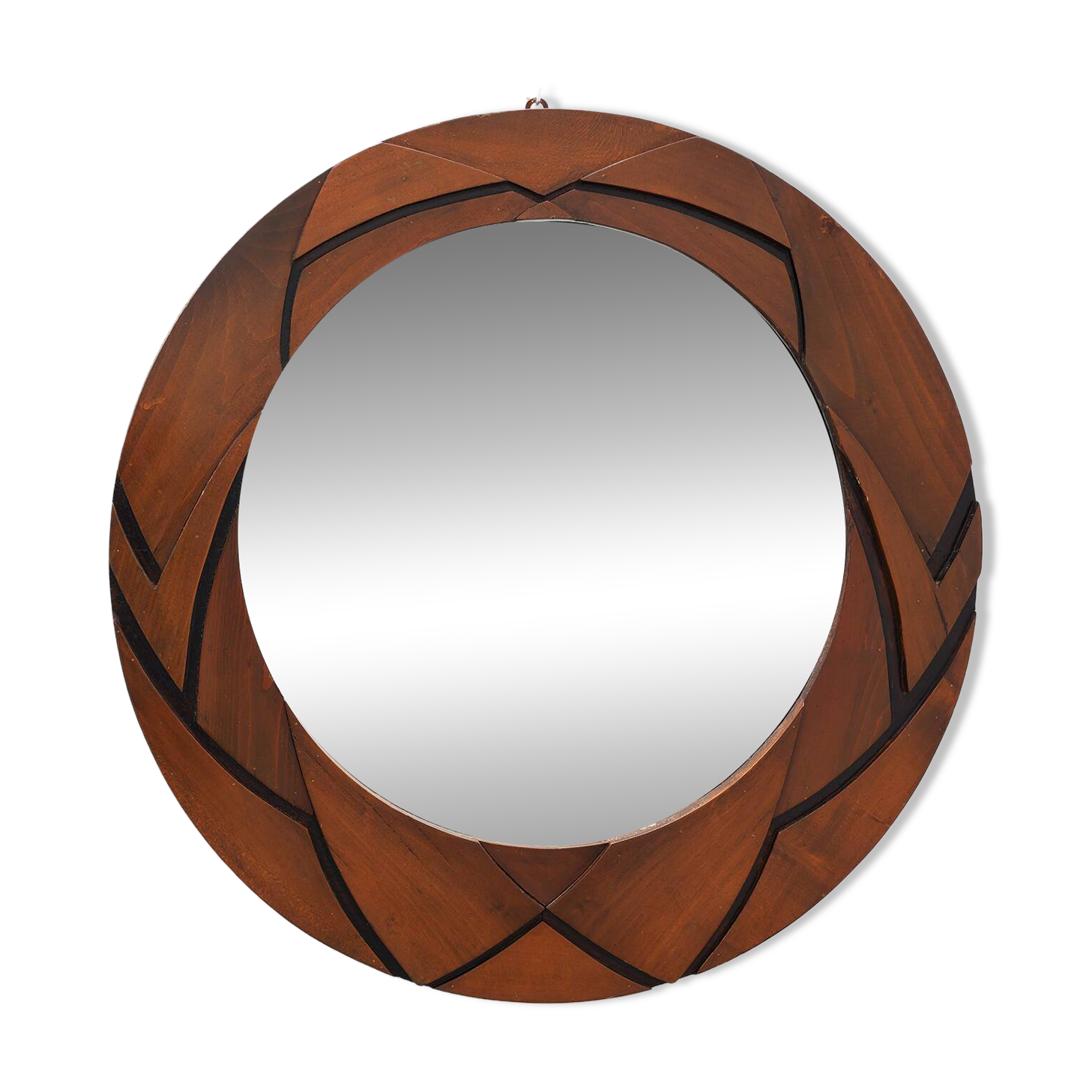 Belgian Art Deco Round Mirror with Geometric Wooden Frame, circa 1920