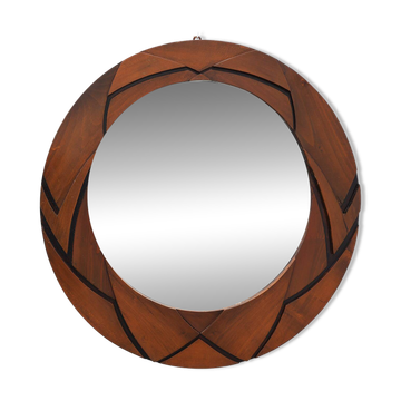 Belgian Art Deco Round Mirror with Geometric Wooden Frame, circa 1920