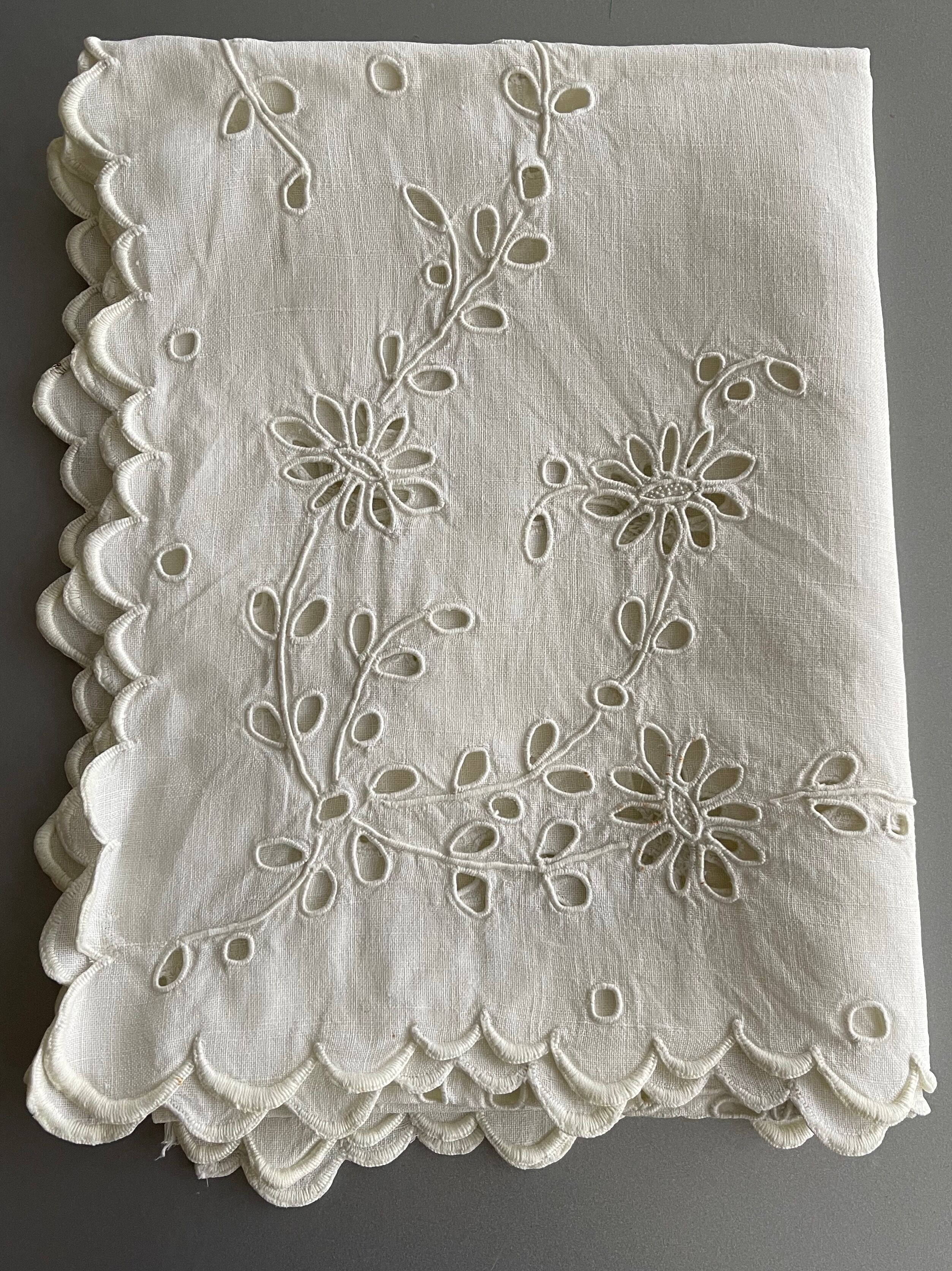 Old linen embroidered Richelieu top chest of drawers fireplace