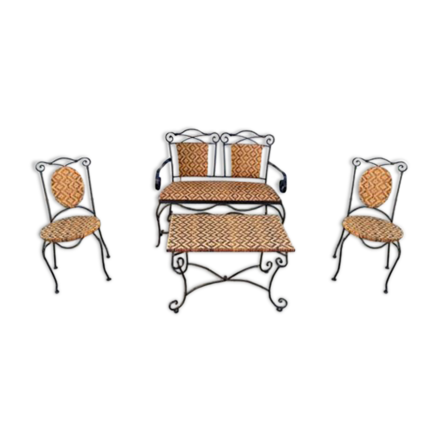 Set of vintage garden furniture sofa wrought iron and wicker, chairs & coffee table vintage 1980