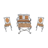 Set of vintage garden furniture sofa wrought iron and wicker, chairs & coffee table vintage 1980