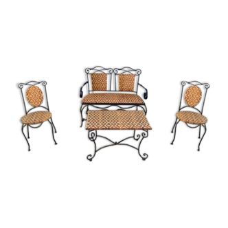 Ensemble salon de jardin vintage canapé fer forgé et osier, chaises & table basse vintage 1980