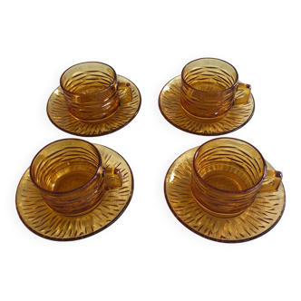 4 Vereco amber glass coffee cups and saucers