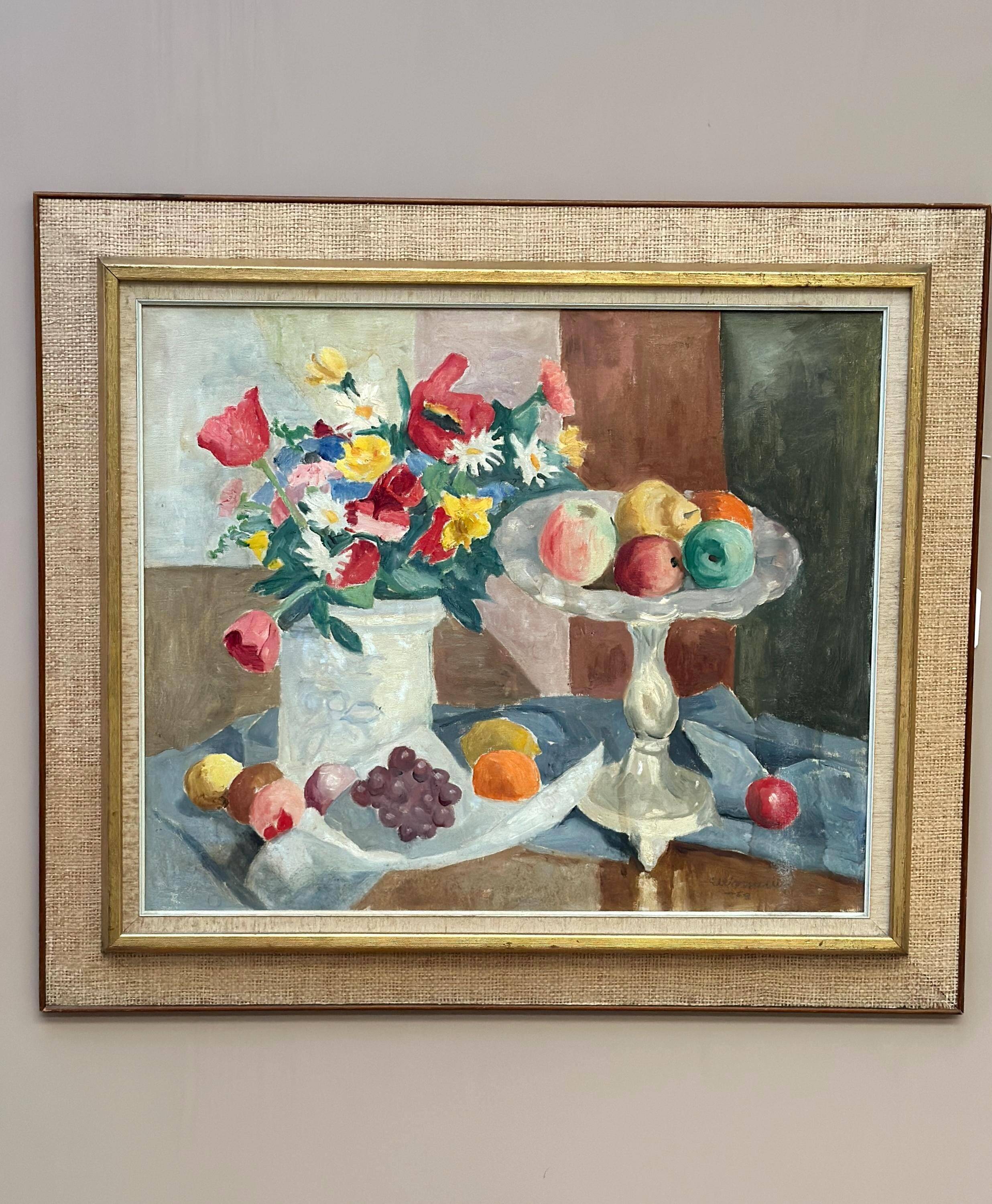 Original Swedish Oil on Canvas – "Flowers and Fruit by Ellis Wallin"