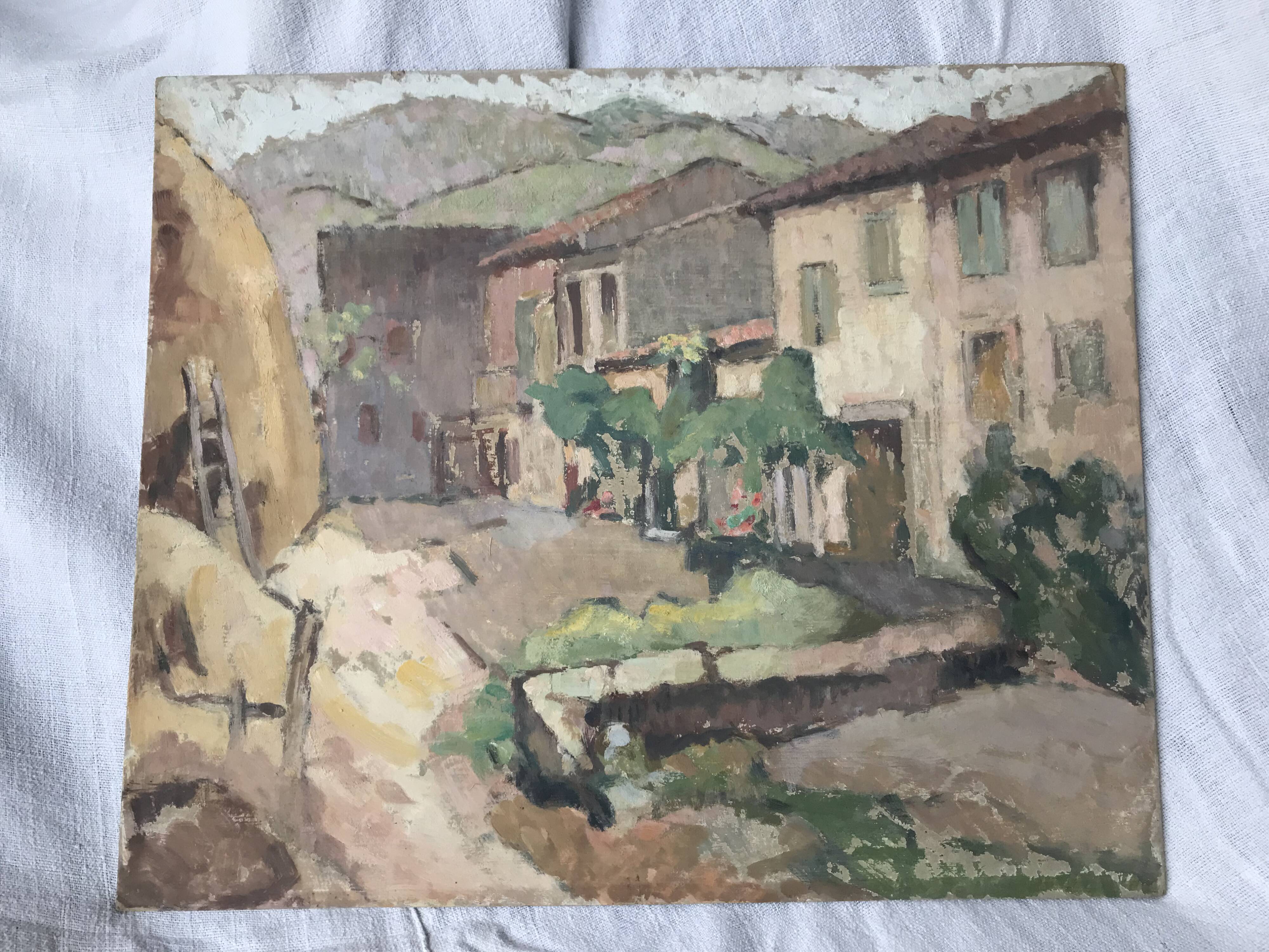 Old painting oil on cardboard peasant village