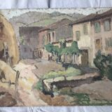 Old painting oil on cardboard peasant village