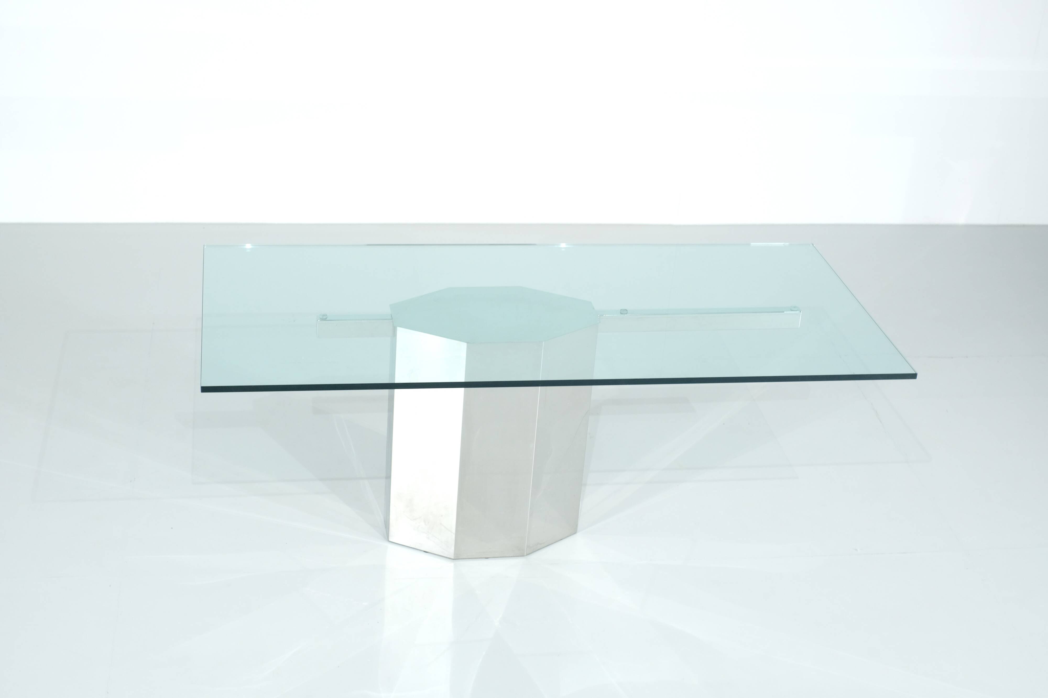 Glass table on chrome base, Italy - 1970s