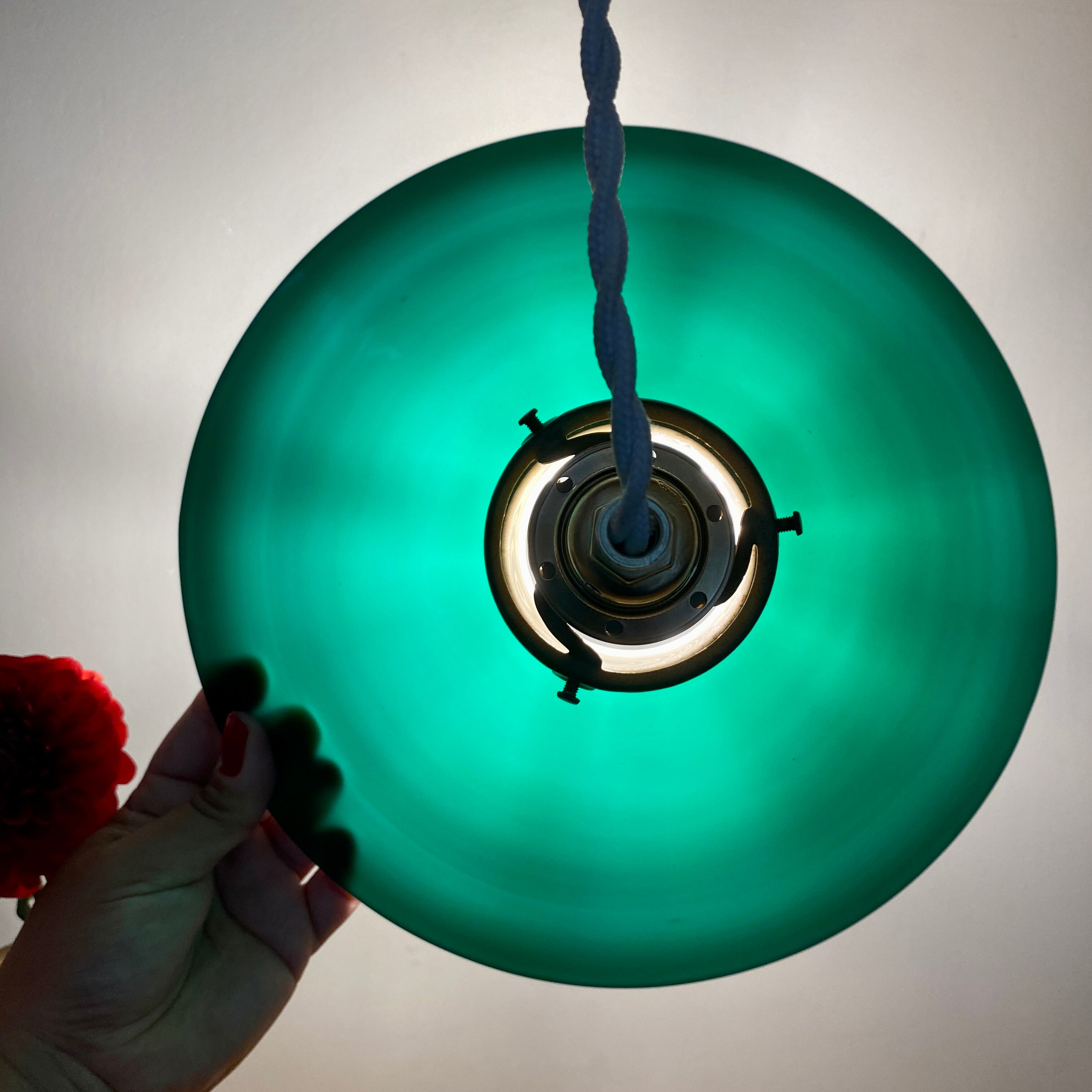 Vintage pendant lamp in green and white opaline