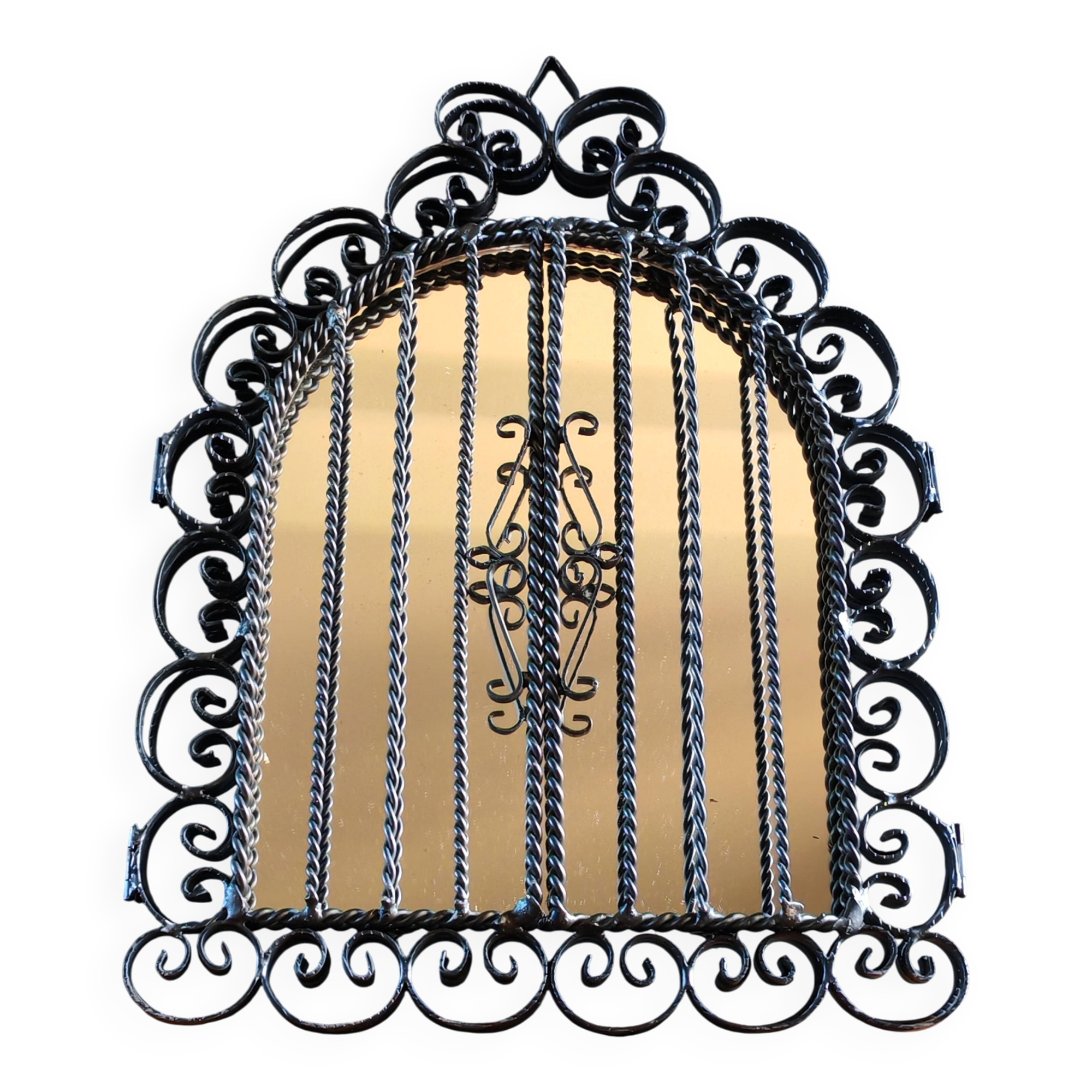 Vintage Black Wrought Iron Triptych Mirror