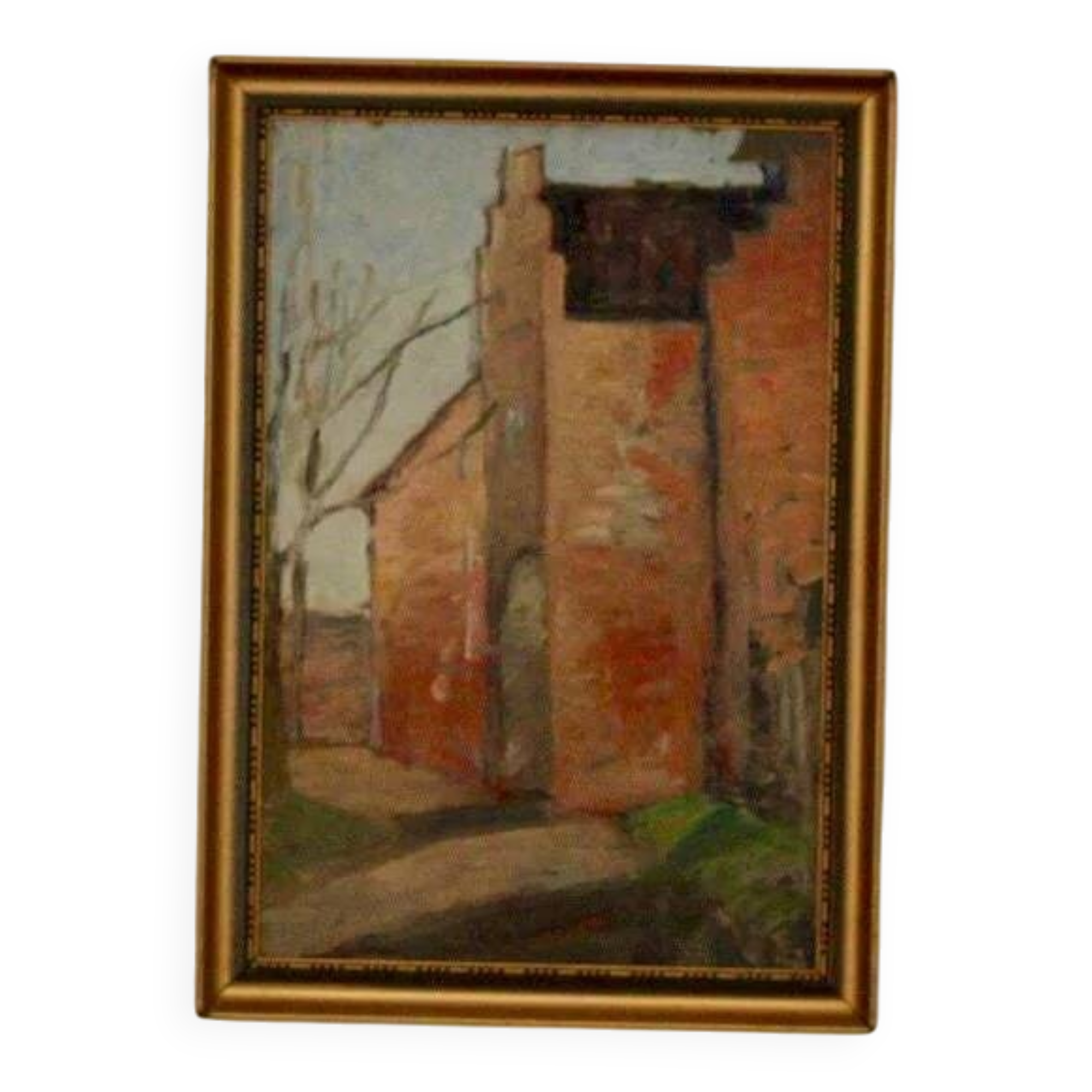 Original European oil on panel – construction scene