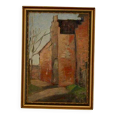 Original European oil on panel – construction scene