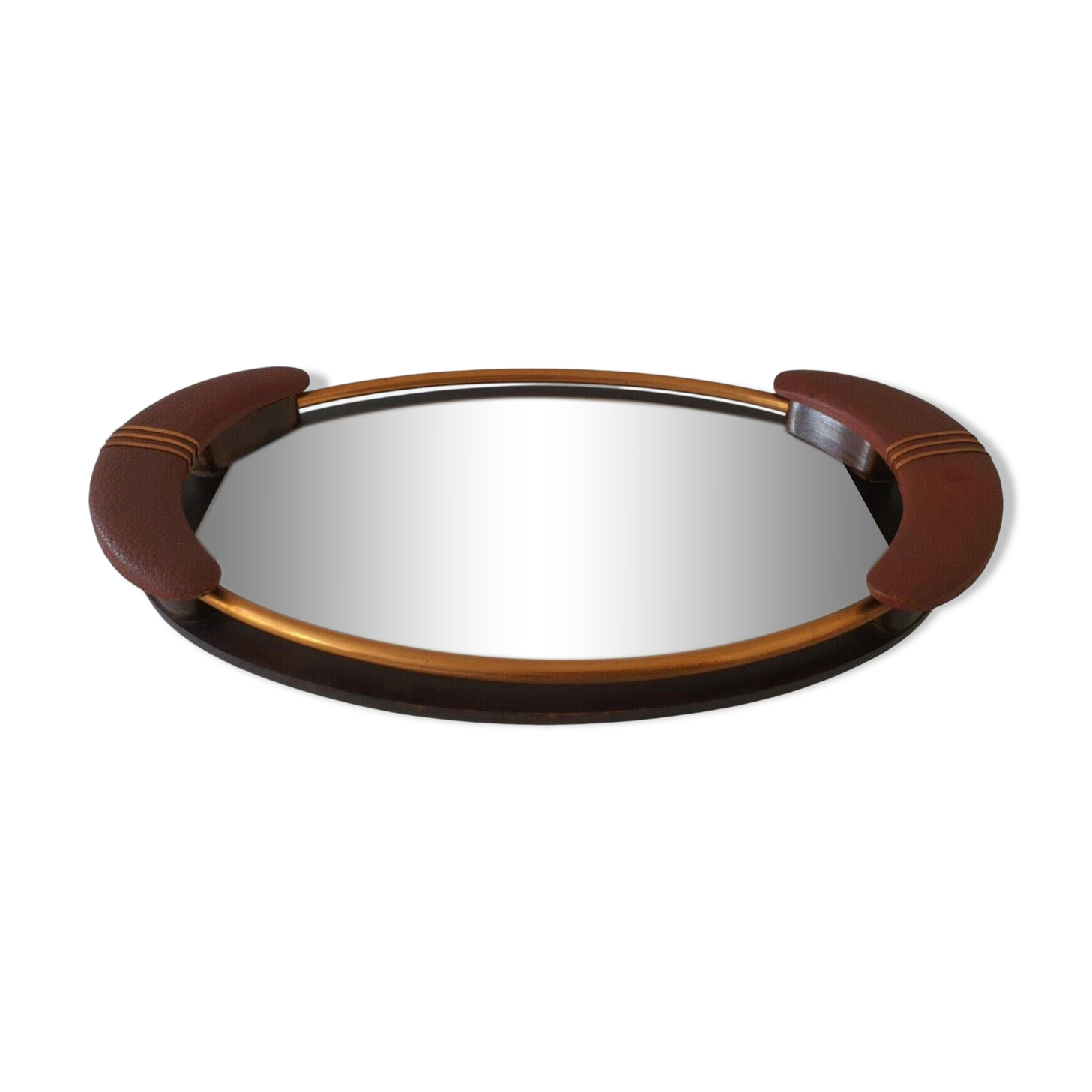 Old Superb Art Deco Style Tray Mirror Handle In Leather Or Faux Vintage