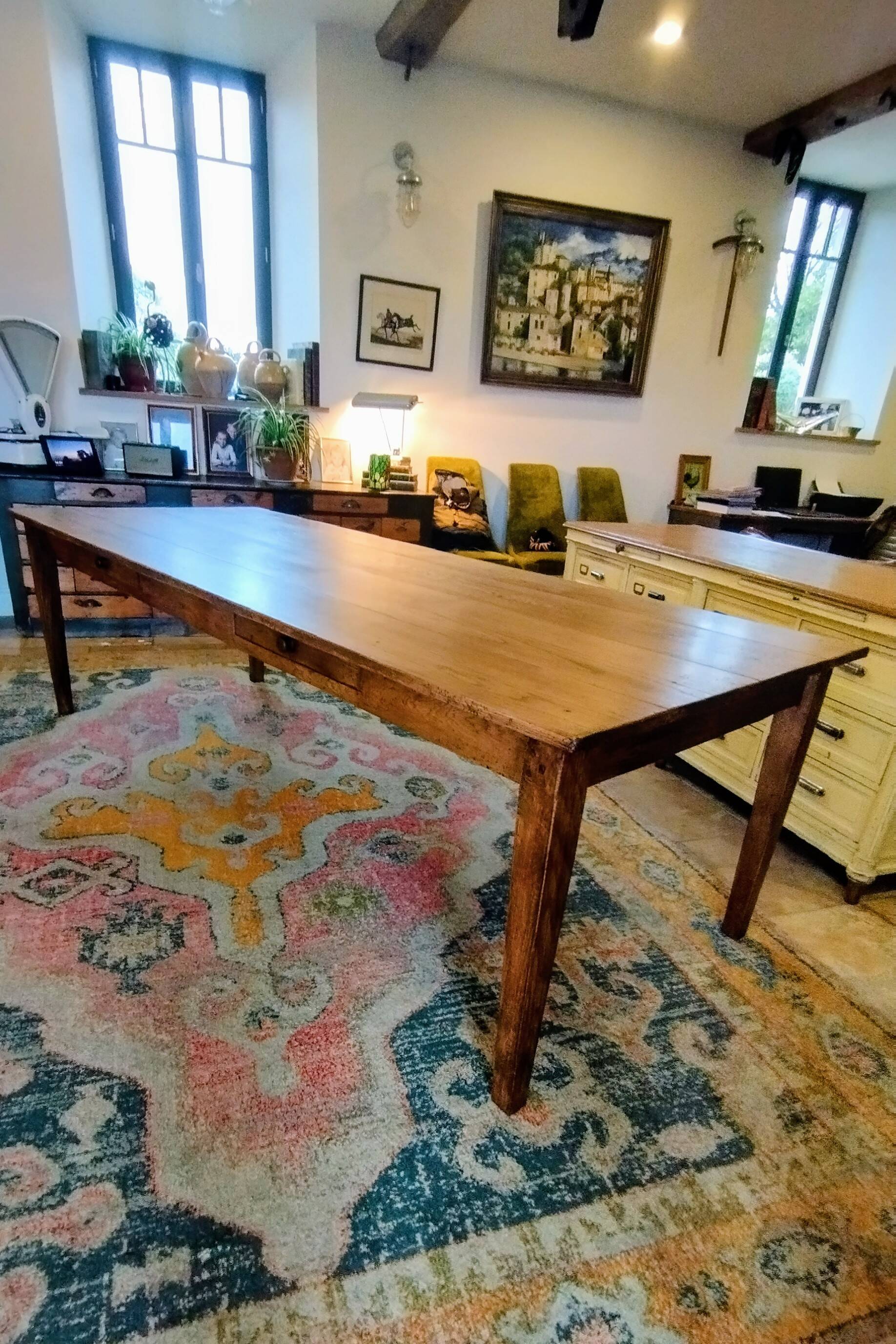 XXL solid oak farmhouse table 260x100 patinated two drawers