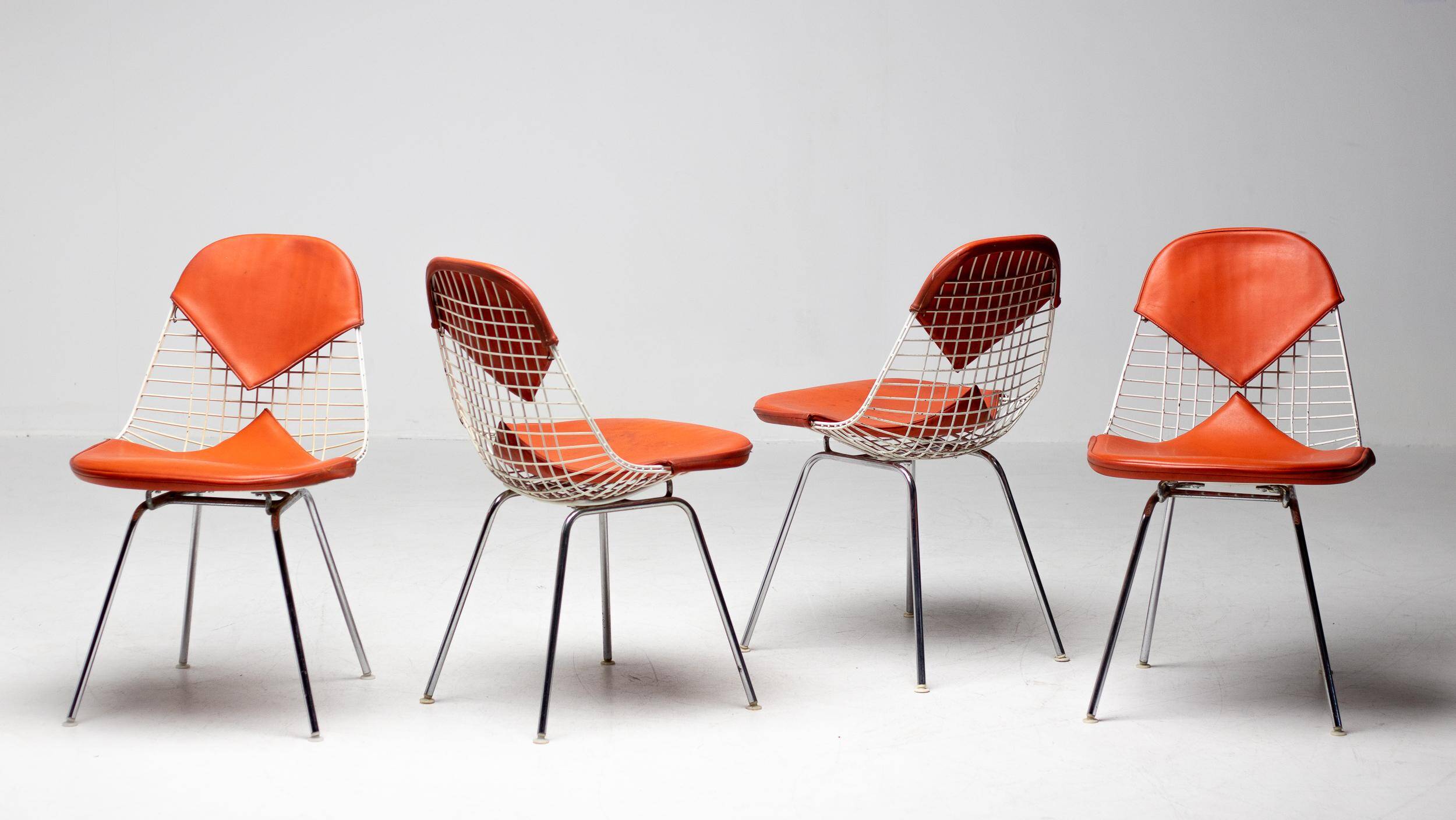 Set of 4 Eames wire chairs for Herman Miller with original Bikini seats by Girard.