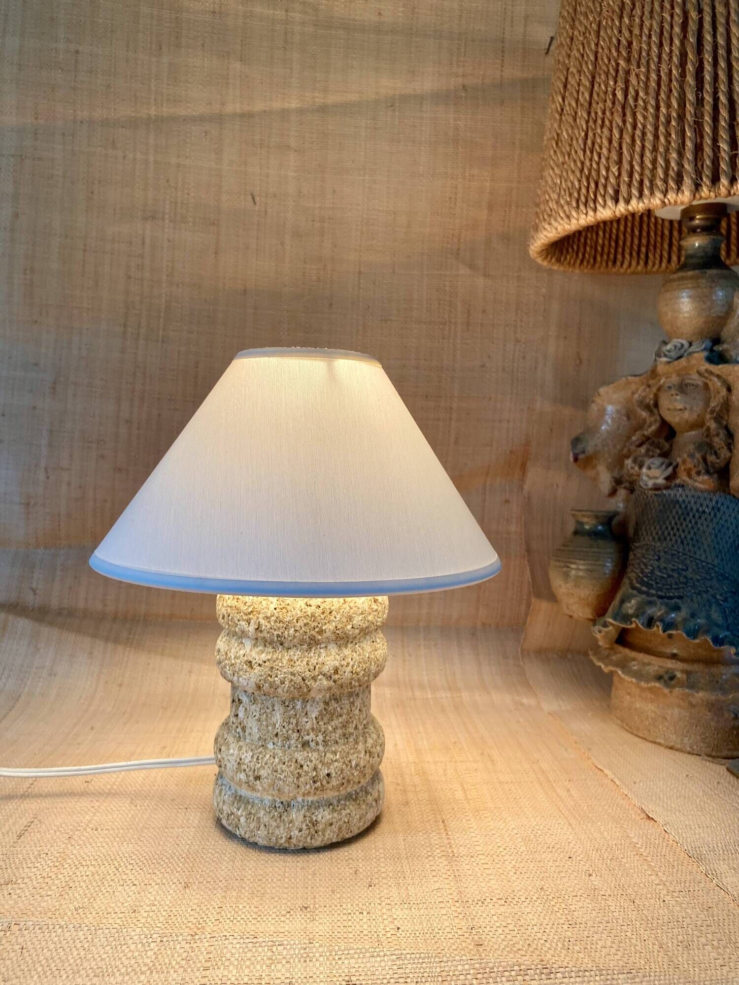 Lampe pierre annees 70 et l’abat-jour coton