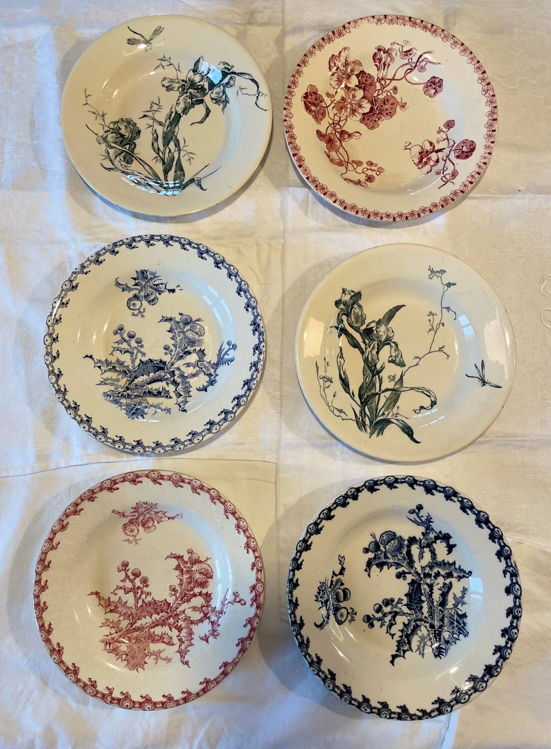 6 Mismatched Terre de Fer Hollow Plates Gien Late 19th Early 20th