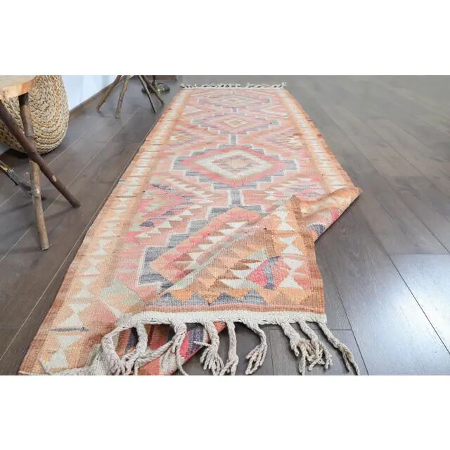 Orange Pink Turkish Oushak Vintage Handmade Wool Runner Rug  100x290