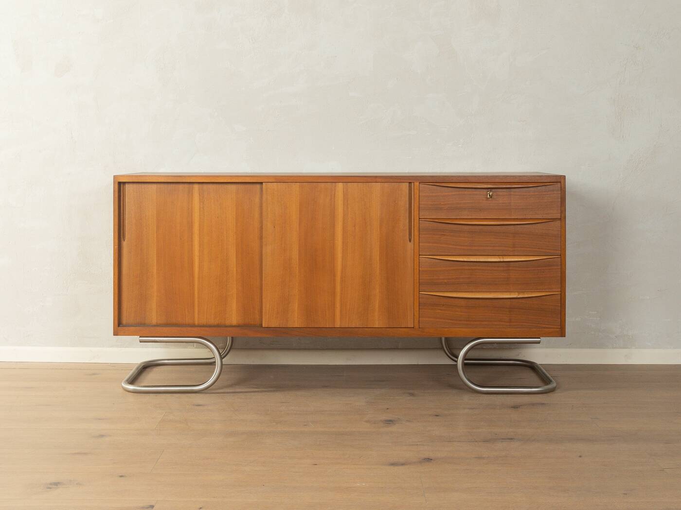 1950s sideboard in Scandinavian style, walnut veneer, Bauhaus stainless steel feet