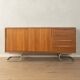1950s sideboard in Scandinavian style, walnut veneer, Bauhaus stainless steel feet