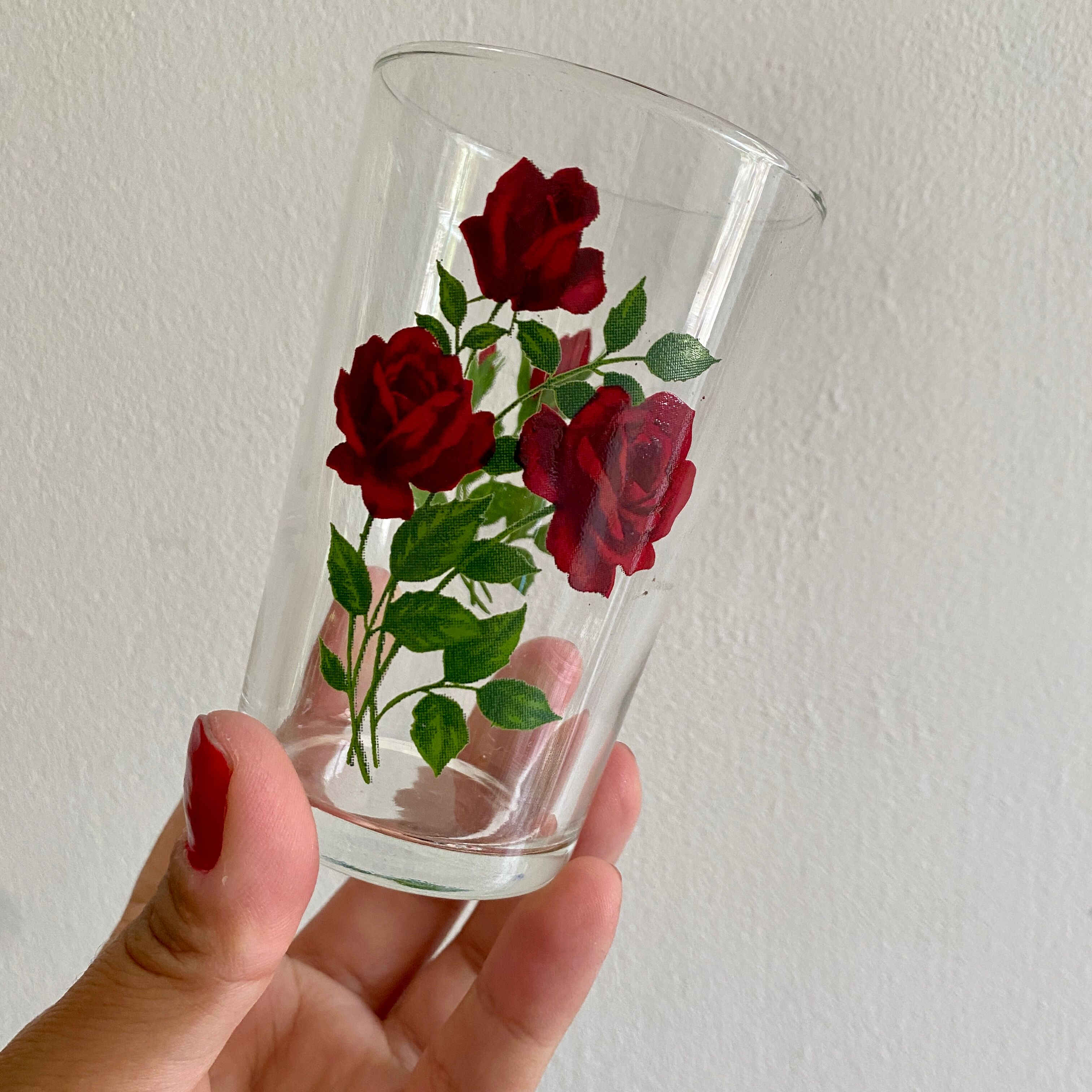 Set of 9 vintage glasses with flower designs - red roses -