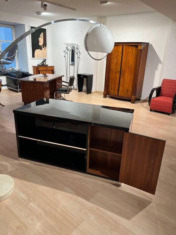 Art Deco Desk in Black Lacquer, Walnut & Metal, France, 1930s-1940s