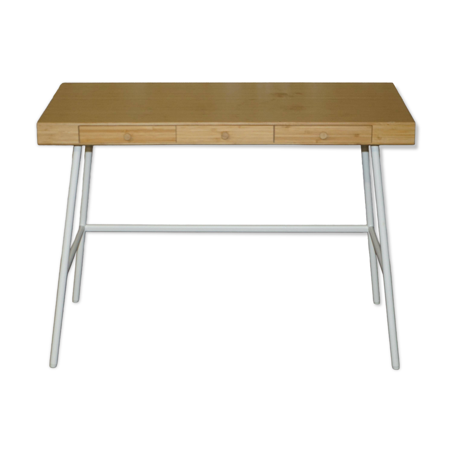 Small bamboo desk with three drawers.