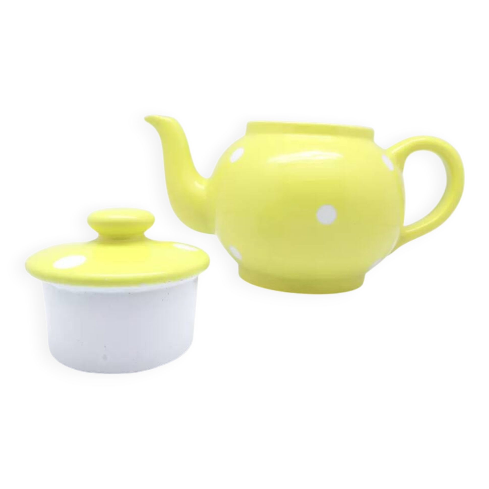 Théière vintage en porcelaine jaune à pois blancs