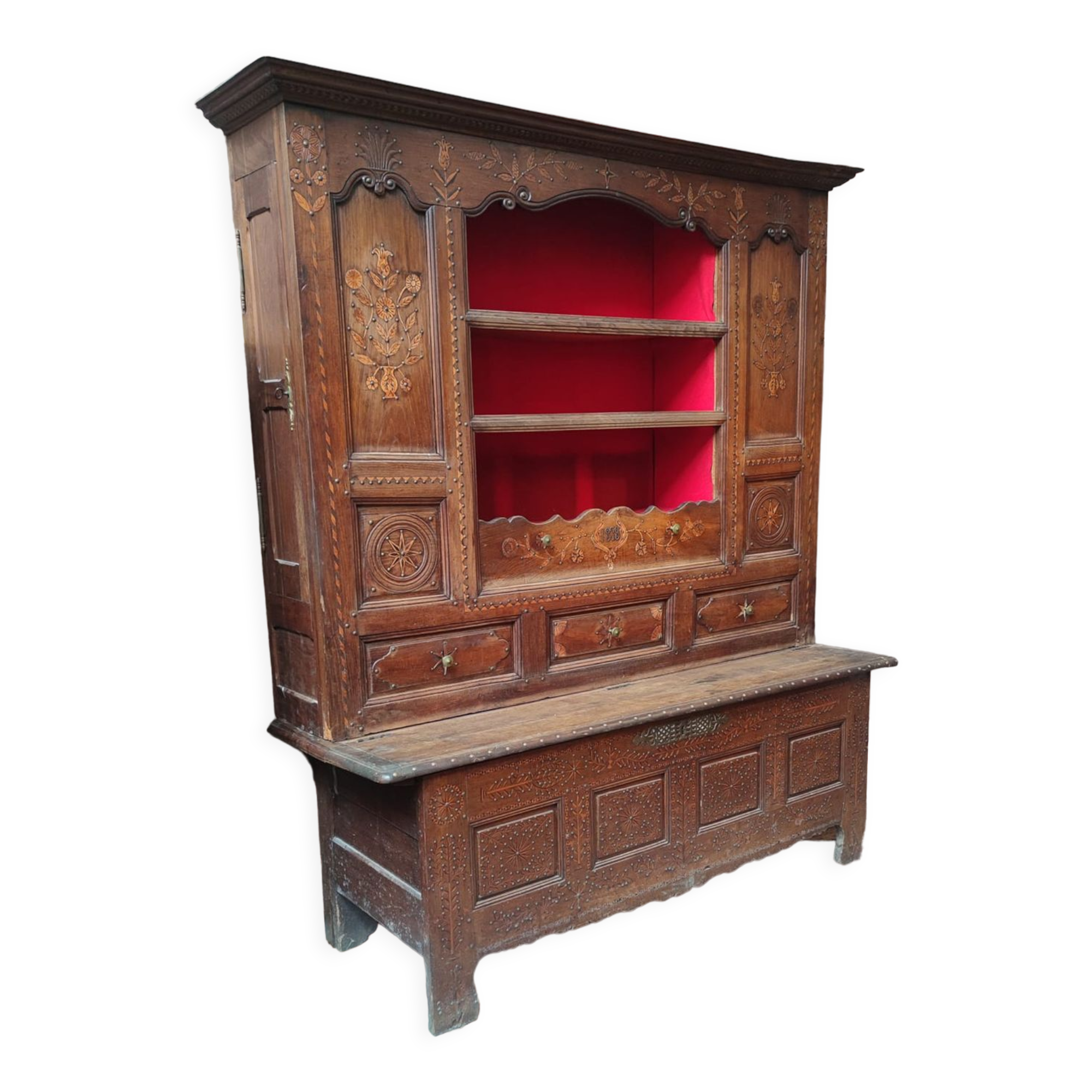 Two-part Breton chestnut cabinet dating from 1878