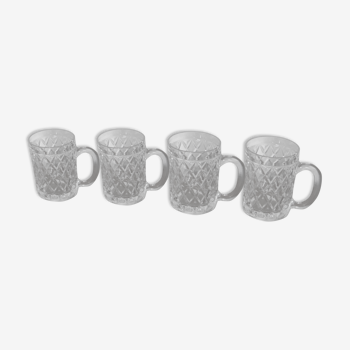 Lot 4 mugs verre moulé deco losange transparent