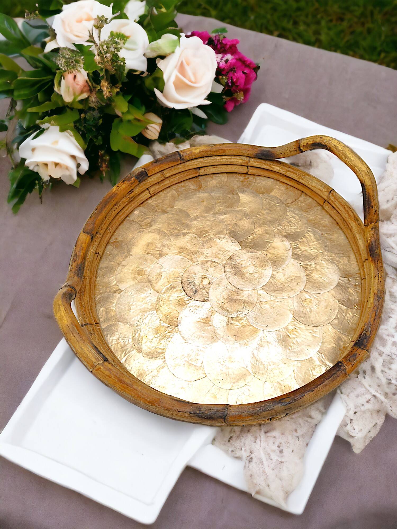 Vintage round bamboo and Capiz shell platter – Italy, 1970s