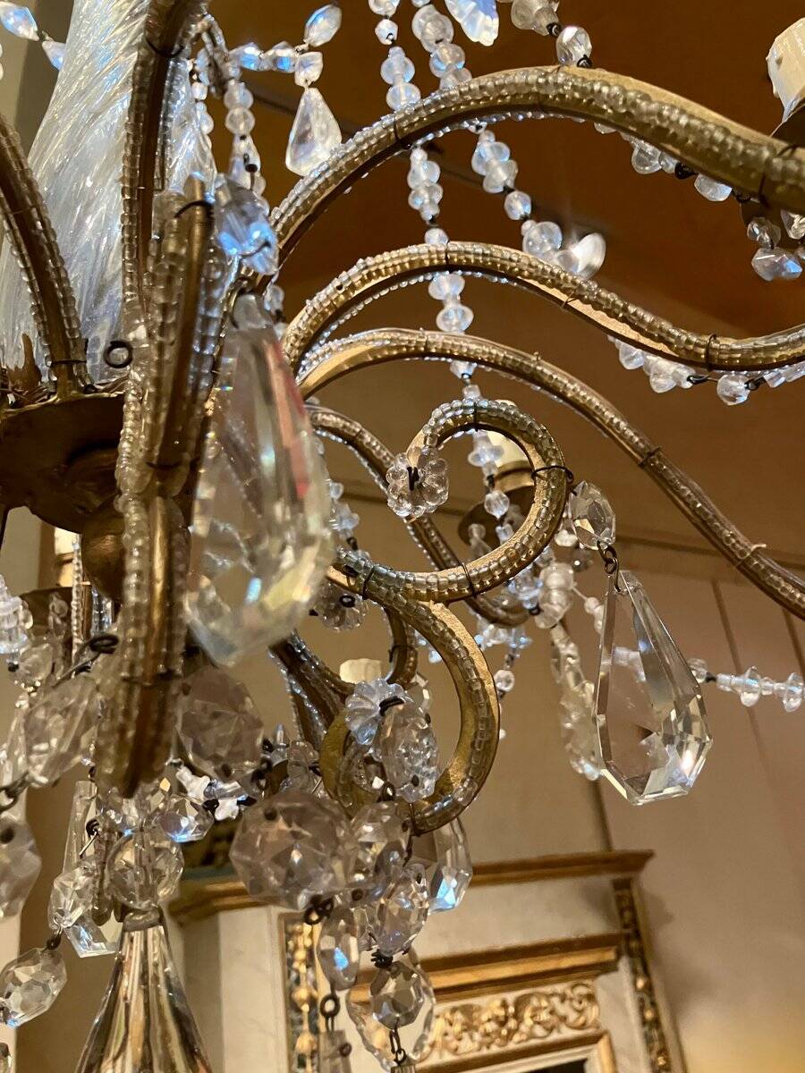 Chandelier en cage en cristal taillé et perles de verre italiennes, années 1800