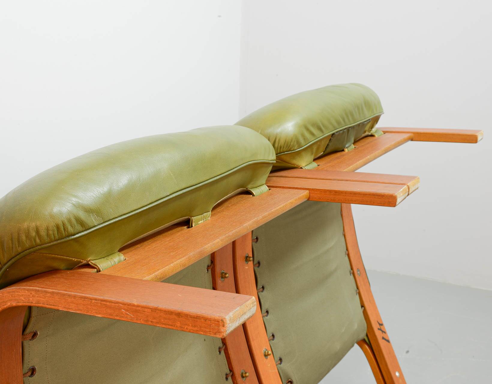 Scandinavian Rybo Rykken Olivegreen Leather 2-Seat Ry-Wing Lounge Sofa, 60s