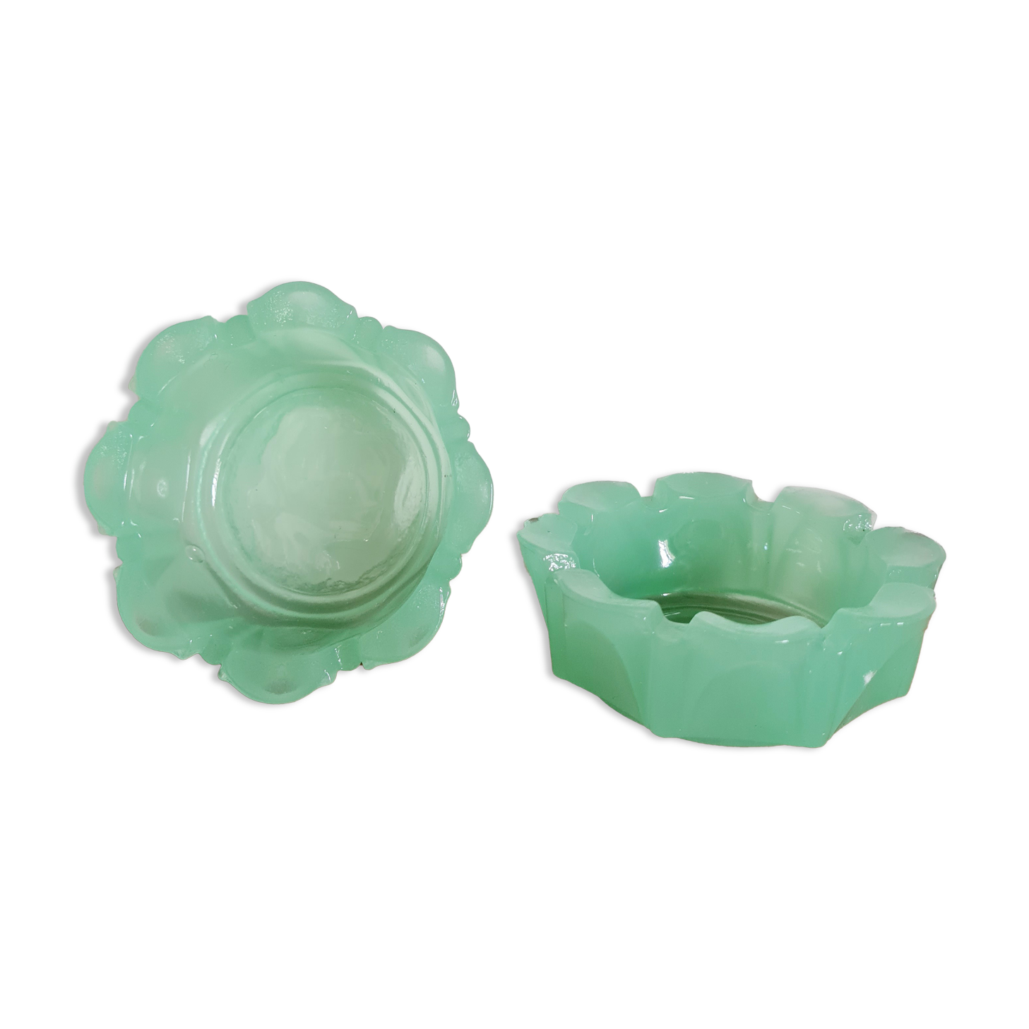 Duo of two candle holders cups in green opaline of water