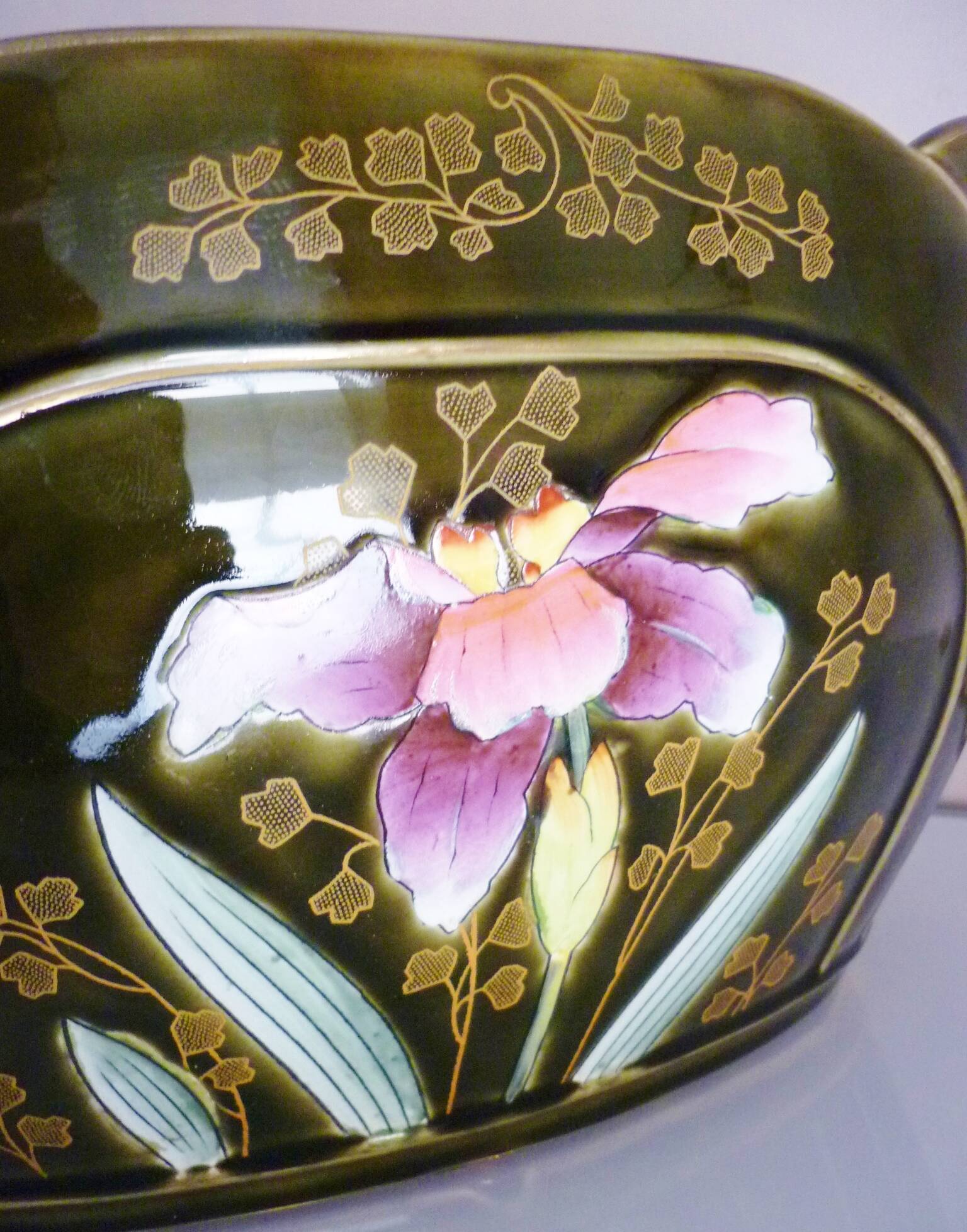 Planter, art nouveau, iris, enameled ceramic, signed Gustave De Bruyn, Fives-Lille