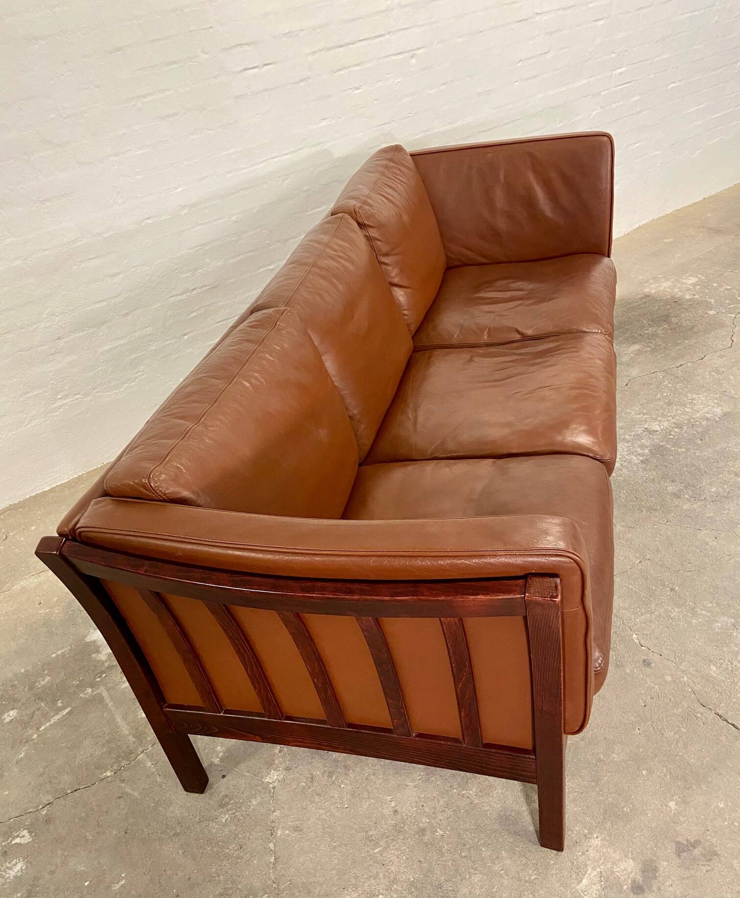 Vintage danish stouby dark cognac leather and rose stained beechwood frame 3 seater sofa