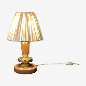 Vintage table lamp foot in wood and brass pleated lampshade 1960