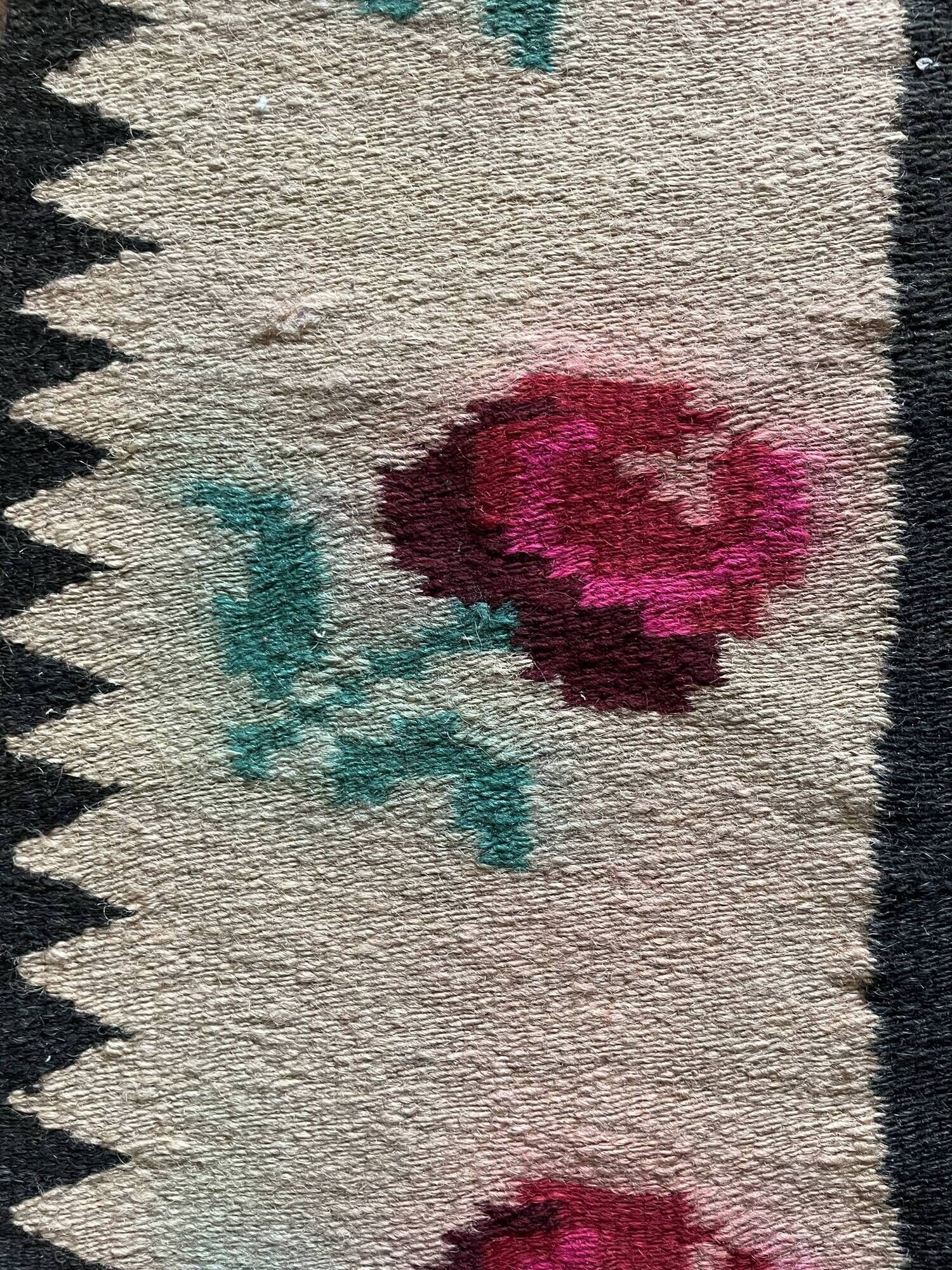 Very Old Romanian floral handwoven carpet made in wool, bohemian design