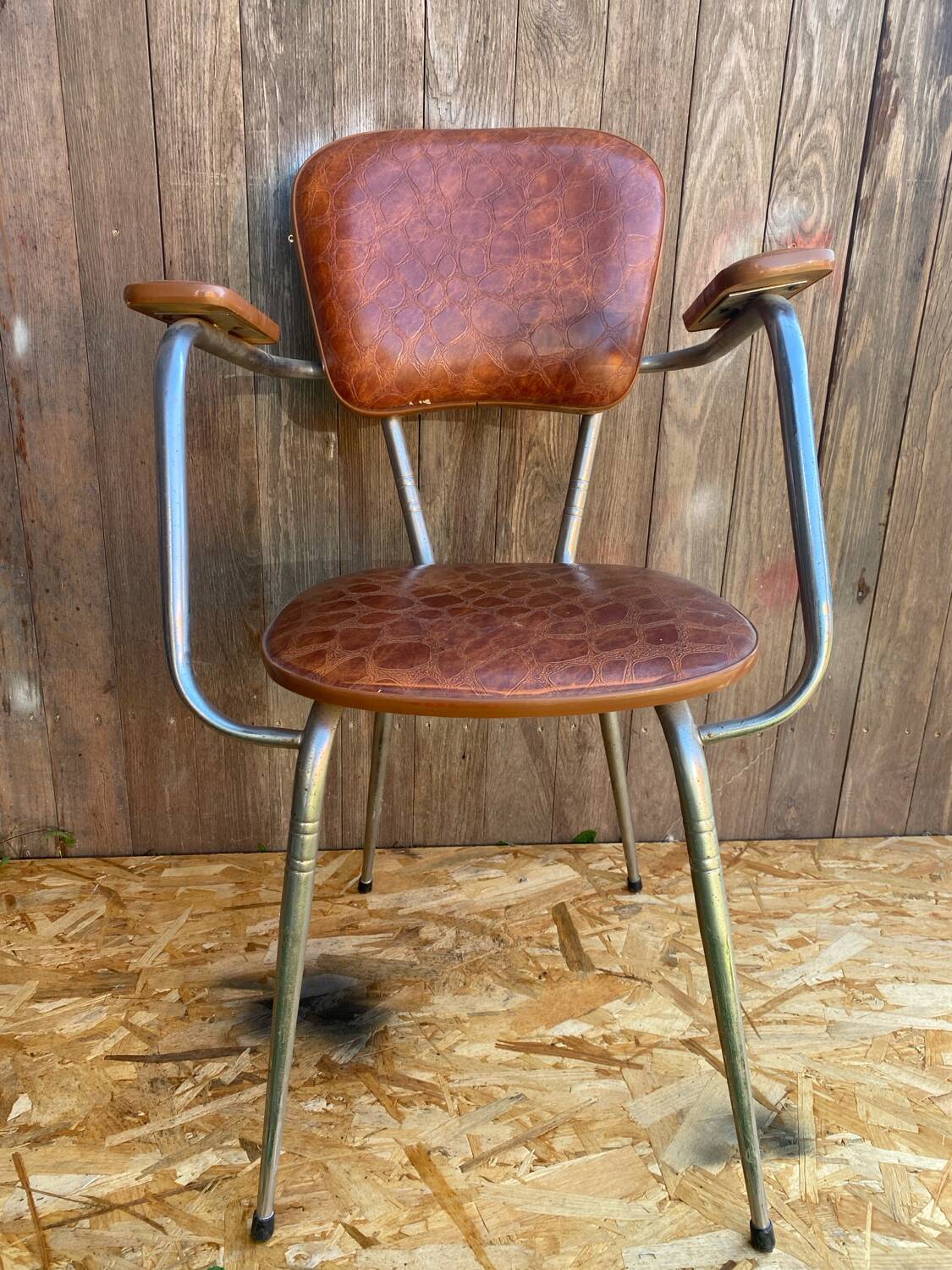 Antique Chrome Metal Armchair + Crocodile Brown Leatherette Seat & Back #C5