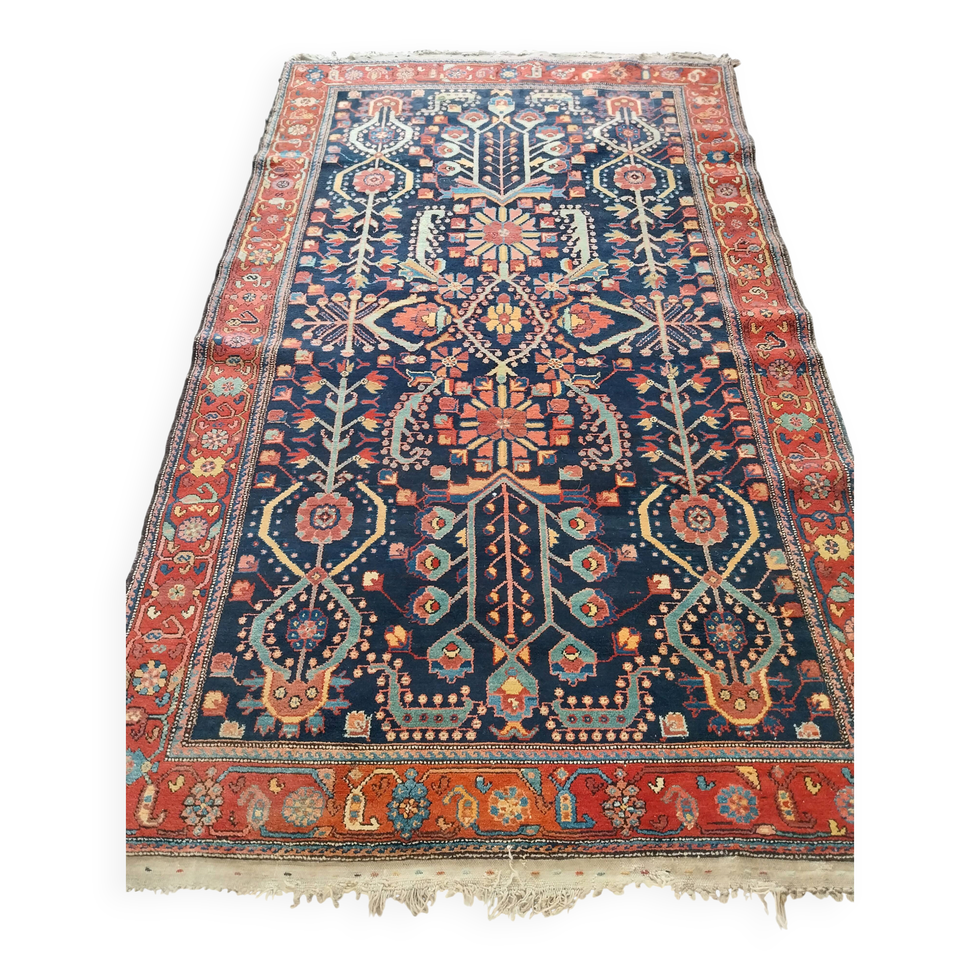 Ancien tapis persan noué main décor arbre de vie 230x140cm