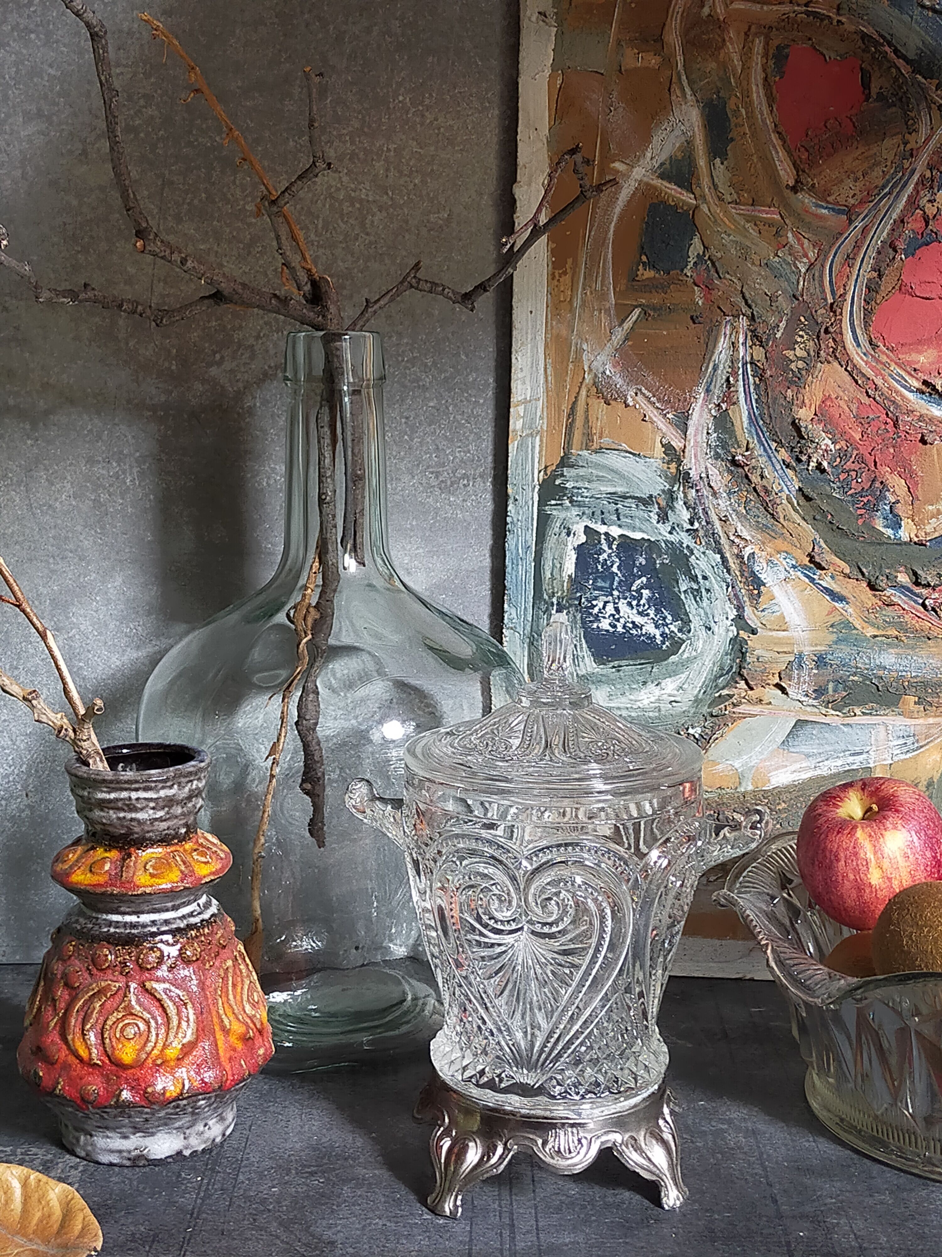 Antique glass compotier on metal stand