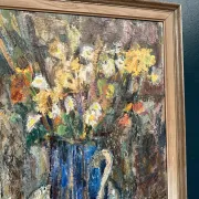 Original Swedish Oil on Panel – “Flowers in Blue Vase” by Sven Age – Signed – Vintage & Framed – 73 × 63 cm (28.7" × 24.8")