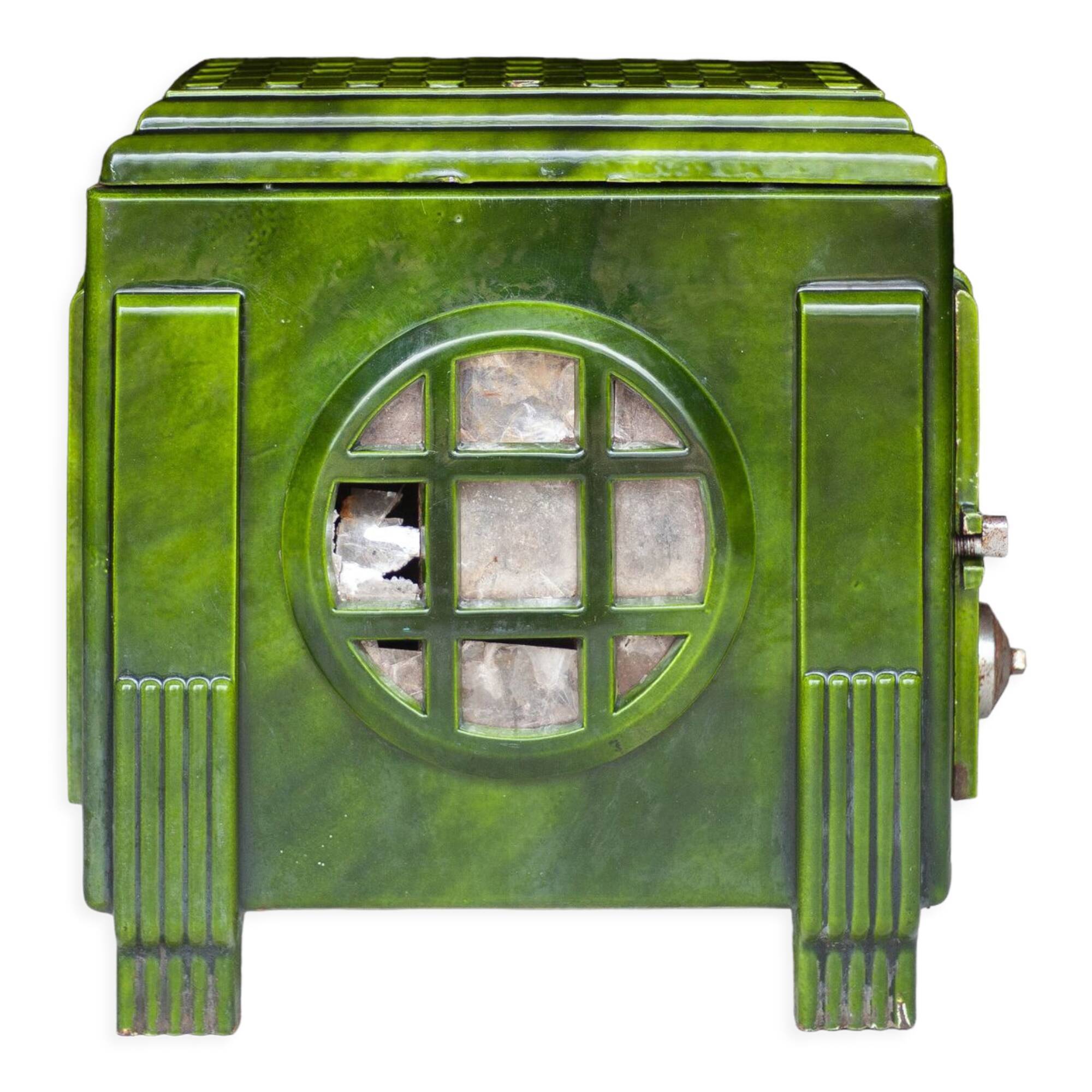 Art deco wood stove, green enamelled wood stove, interior decoration