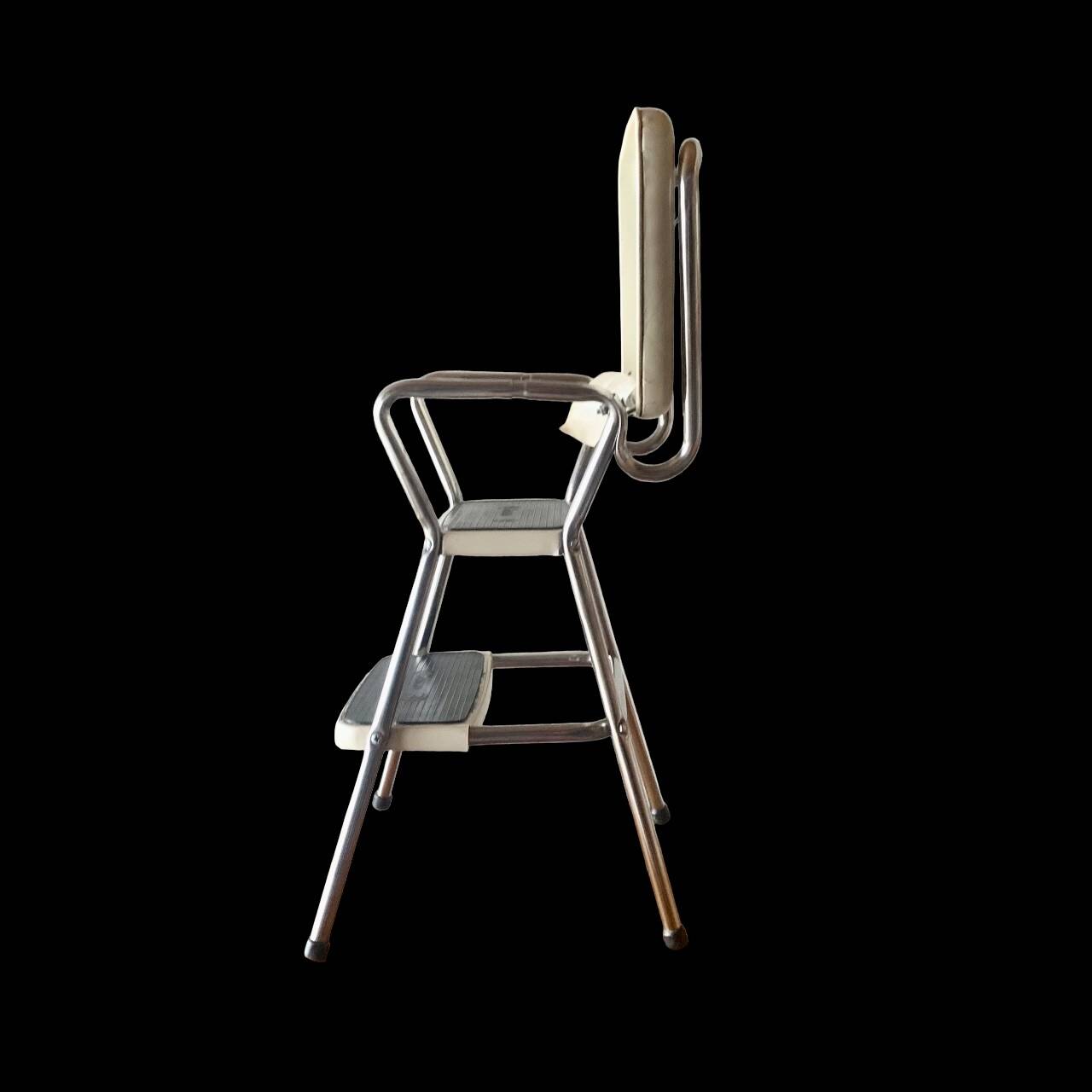 Vintage cosco step stool chair in chrome steel and white skai