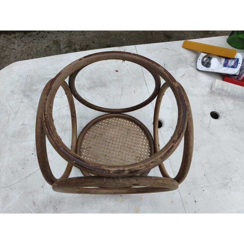 Pouf 1900 curved beech wood and caning