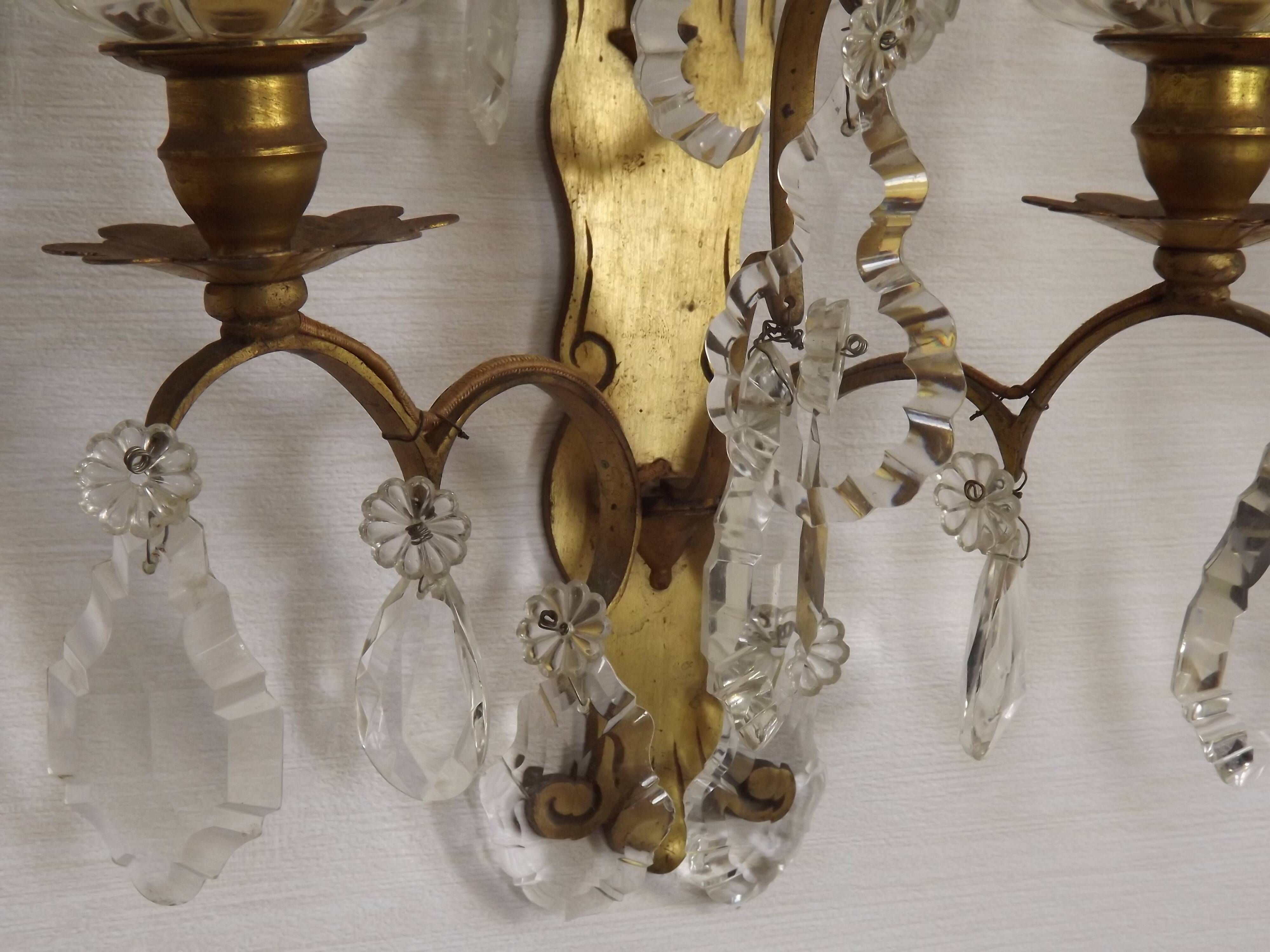 Pair of French Double Brass & Glass Wall Lights Adorned With Crystals