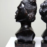 Couple of Malagasy busts in dark exotic wood, carved, craftsmanship from the 1940s to 1970s.