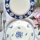 Mismatched antique flat plates accompanied by dishes.